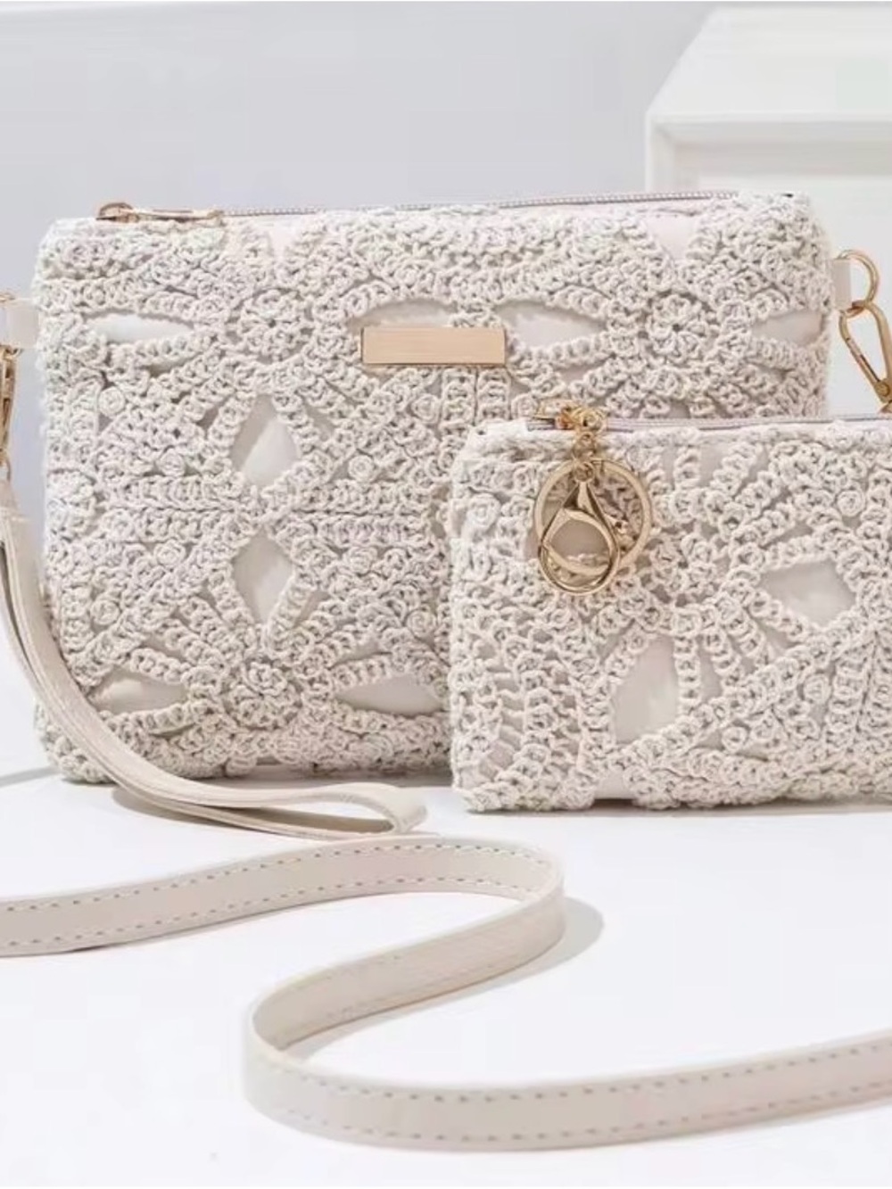Women’s Crochet Crossbody Bag Set in Cream